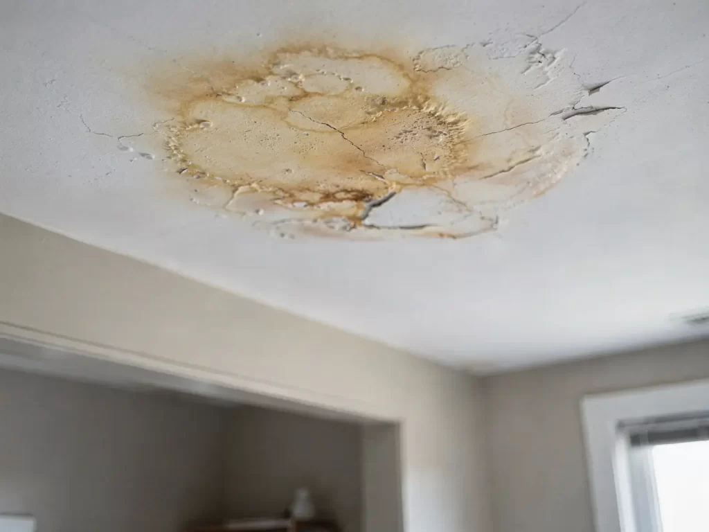Ceiling with brown water stains, peeling paint, and damage caused by a roof leak