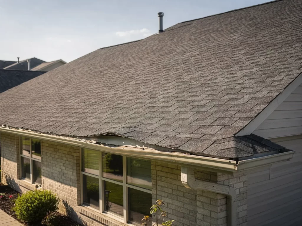 Residential home with a slightly sagging roofline indicating possible structural roof damage that may require inspection or repair